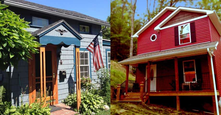half the image is of a small blue house with an American flag on the front stoop, the other half a two story red house in the forest