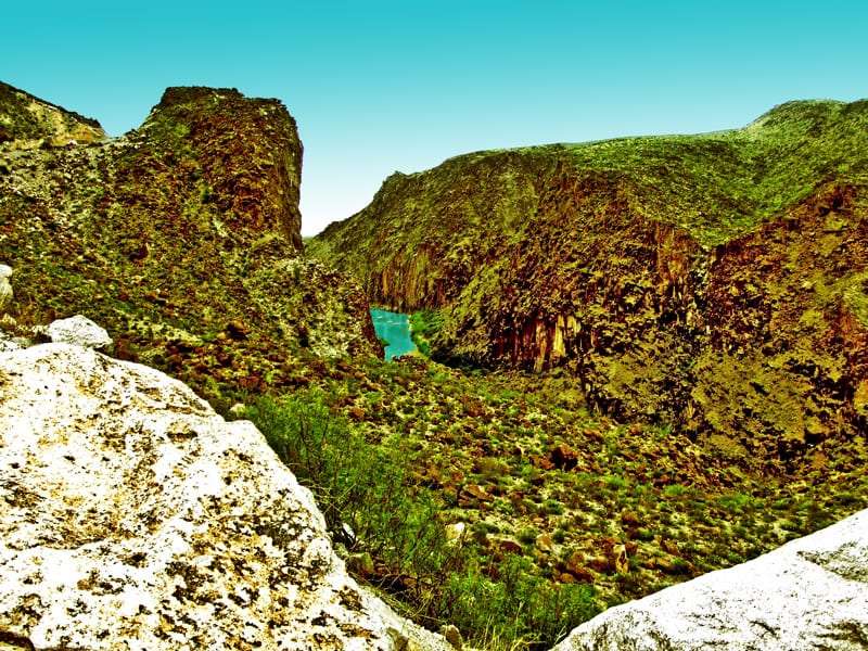 a canyon thick with vegetation, a teal sky above and the hint of a river reflecting it all below