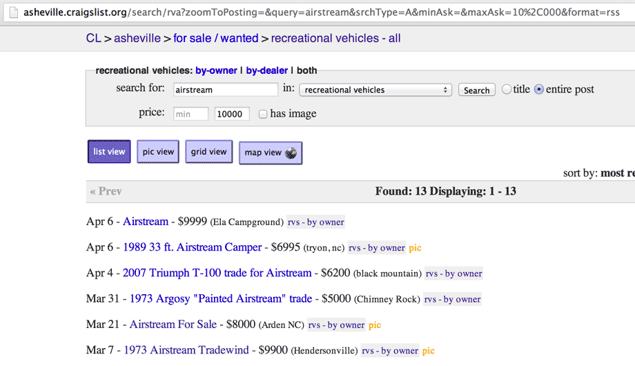 a screenshot of a Craigslist search for an Airstream travel trailer under $10,001