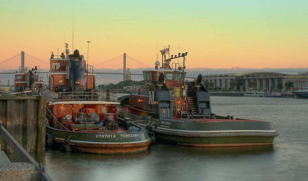 tugboats at sunrise in Savannah Georgia