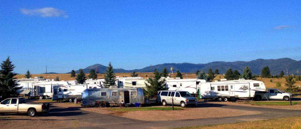 a sea of different types of RVs populating an RV park in Missoula, Montana