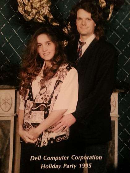 twenty-something Jenn and Greg dressed up for a Christmas party
