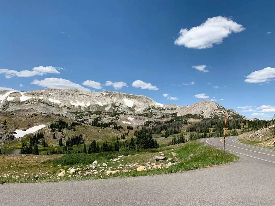 rocks, trees and snow-laden mountains beneath a summer sky