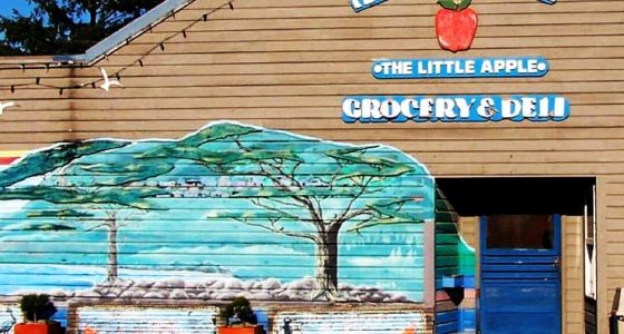 the storefront of the Manzanita Grocery and Deli, a mural of a rocky beach with trees painted on the otherwise gray wooden siding, benches and flower pots out front, a blue door