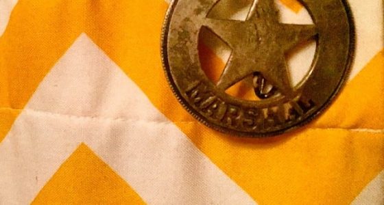 a US Marshall's badge, star inside of a circle, pinned to a yellow and white chevron curtain
